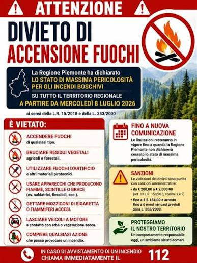 Dall8 luglio in Piemonte stato di massima pericolosità per incendi boschivi